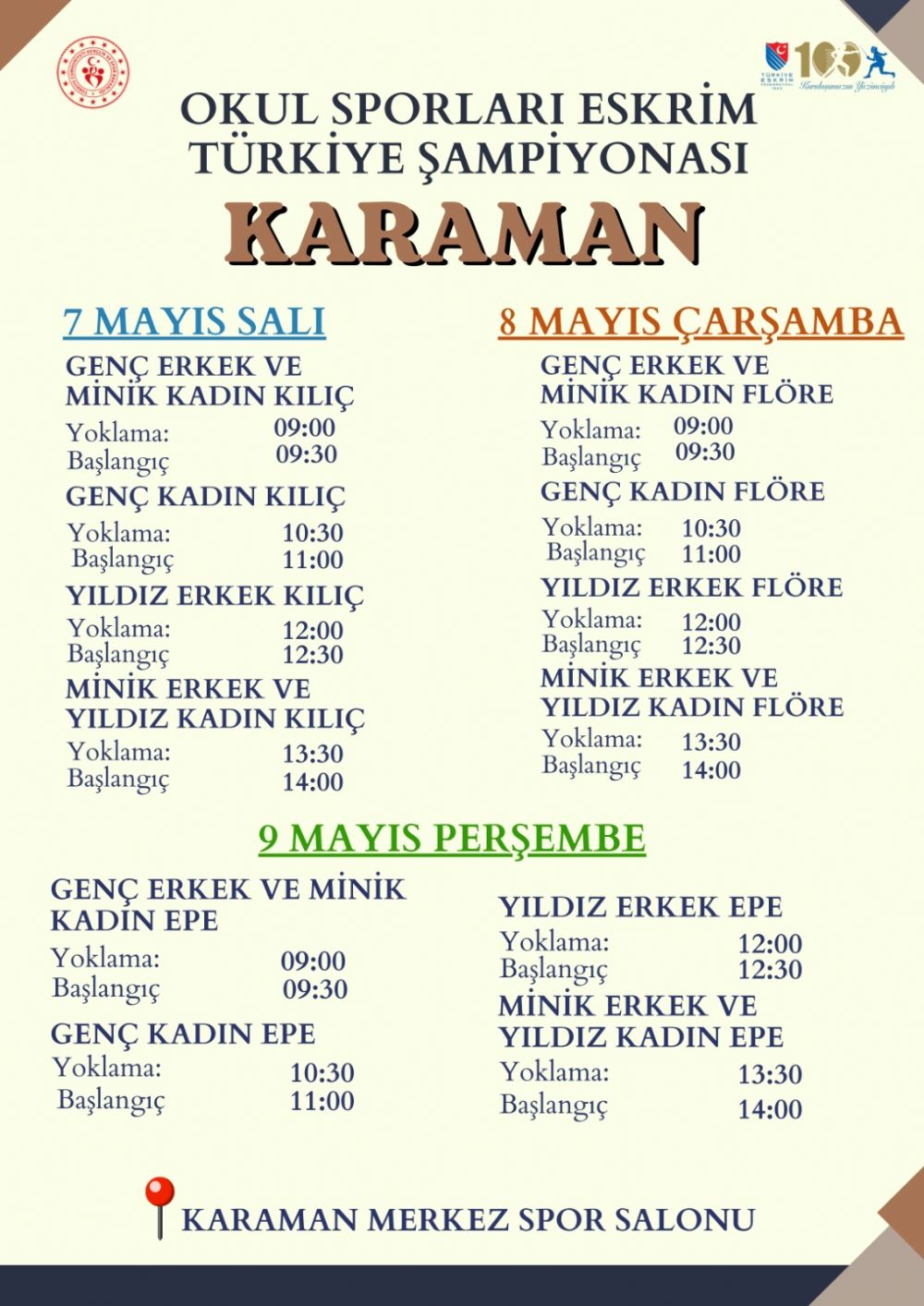 Okul Sporları Eskrim Türkiye Şampiyonası Programı Hk.